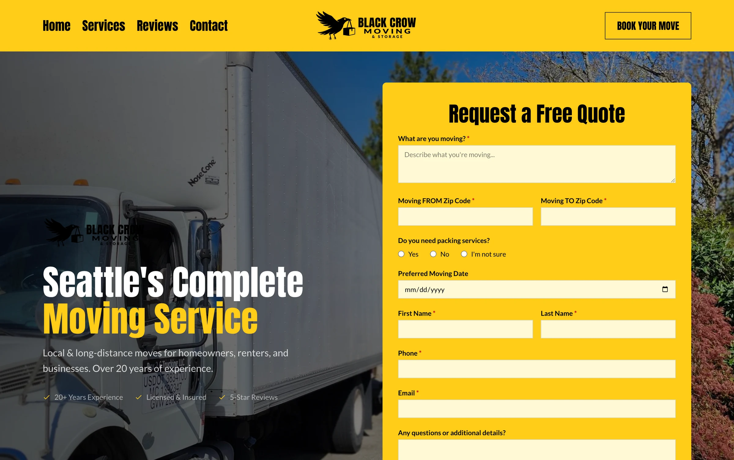 Black Crow Moving, custom moving website design by PNW Contractor Marketing