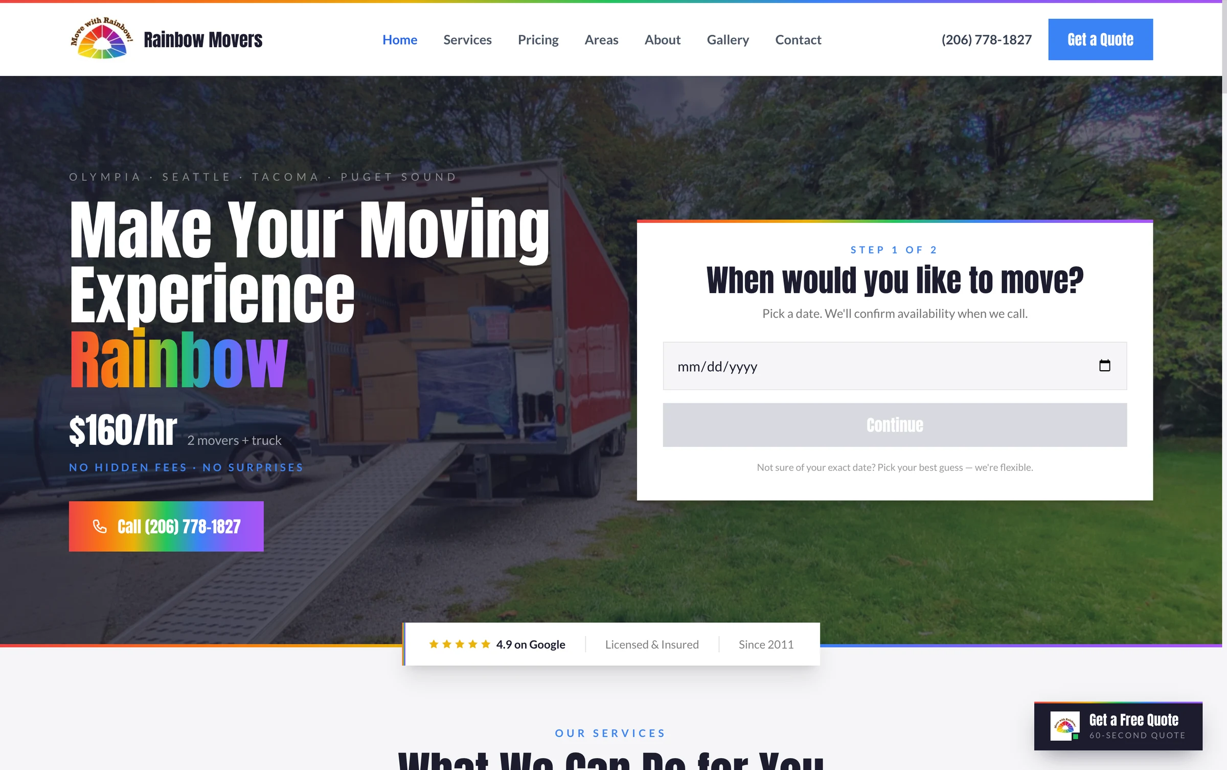 Rainbow Movers, custom moving website design by PNW Contractor Marketing