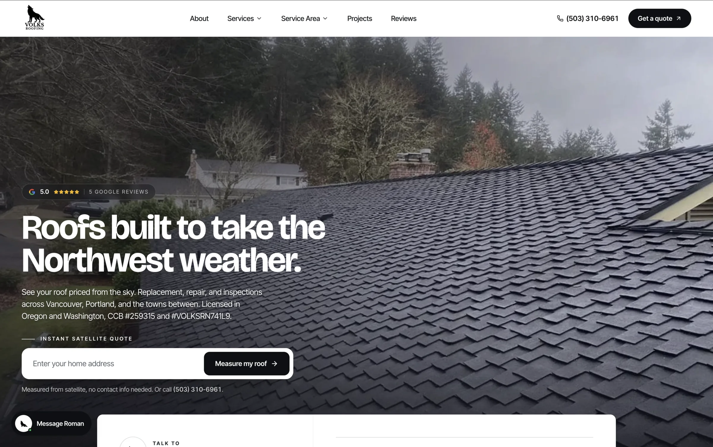 Volks Roofing, custom roofing website design by PNW Contractor Marketing
